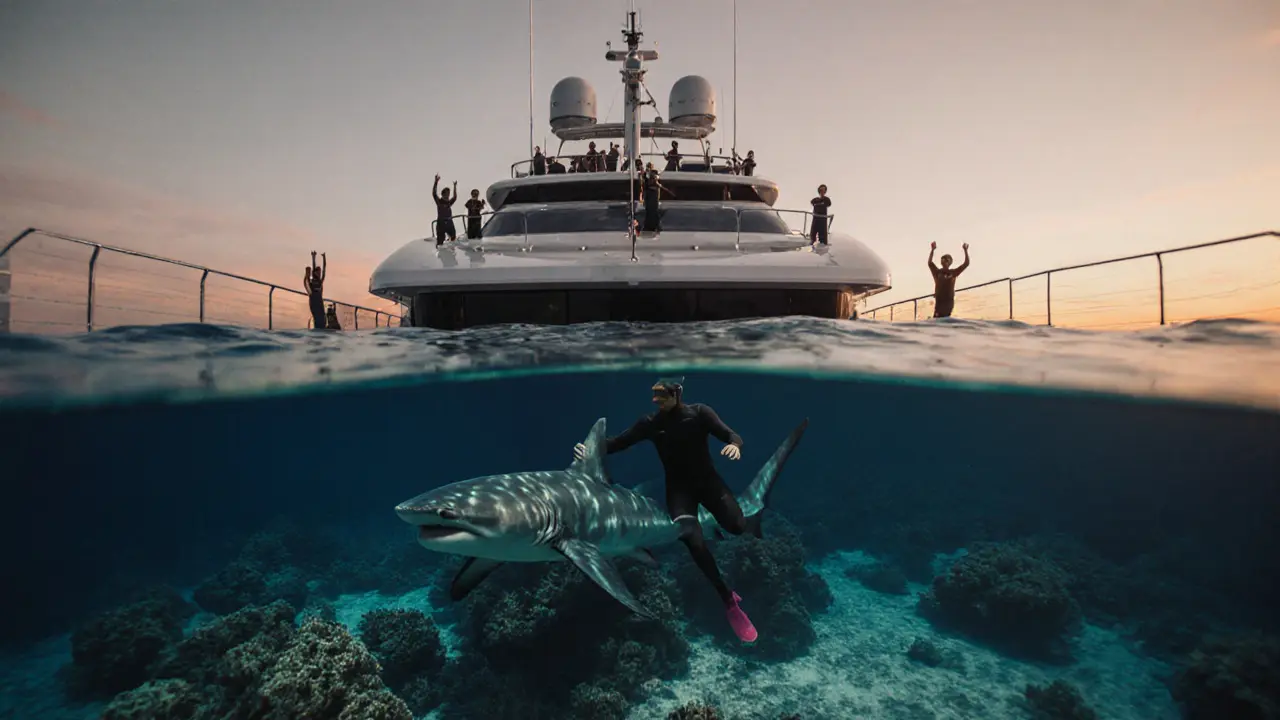 Man swimming beside a shark beneath a luxury yacht&#039;s glass floor at dusk.