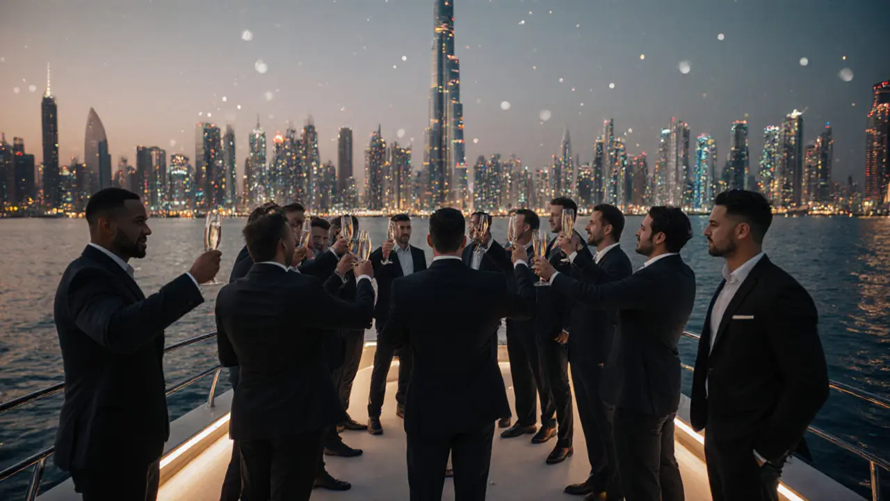 Men celebrating on a yacht at twilight with Dubai&#039;s illuminated skyline behind them.