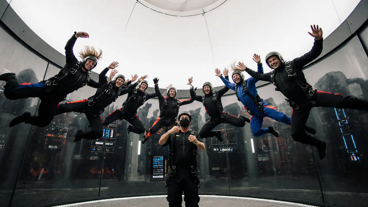 Men flying mid-air in a wind tunnel with helmets and smiles, instructor below.
