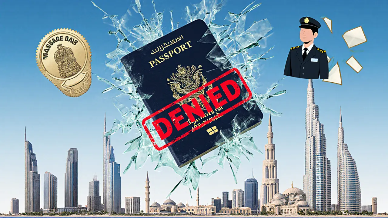 Passport with &#039;DENIED&#039; stamp, surrounded by police badge and broken massage token, symbolizing legal consequences in Dubai.