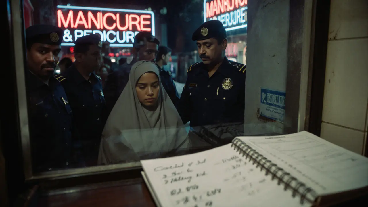 Police raid a beauty salon at night as a migrant worker is led away, neon sign reads &#039;Manicure &amp; Pedicure,&#039; ledger on counter.