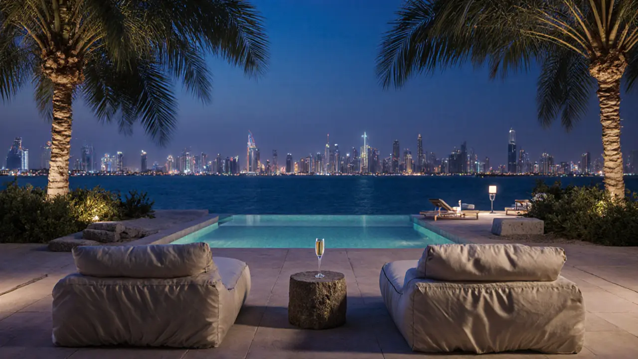 Private beach villa at The Ritz-Carlton Dubai at twilight, with plunge pool and untouched elegance.