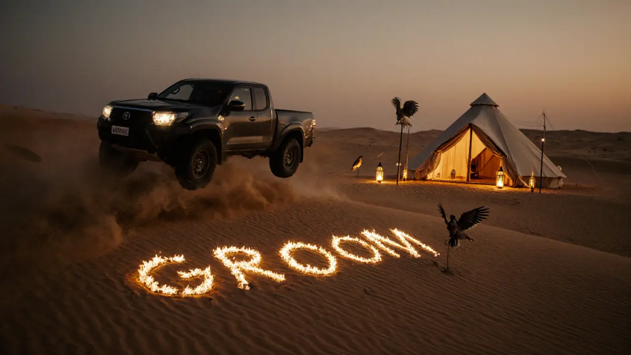 Private desert safari at dusk with fire spelling a name in the sand and falcons nearby.