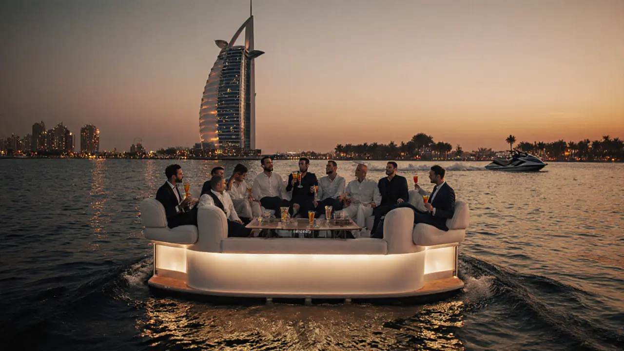 Private yacht at sunset with Dubai skyline in background, group enjoying drinks on deck.