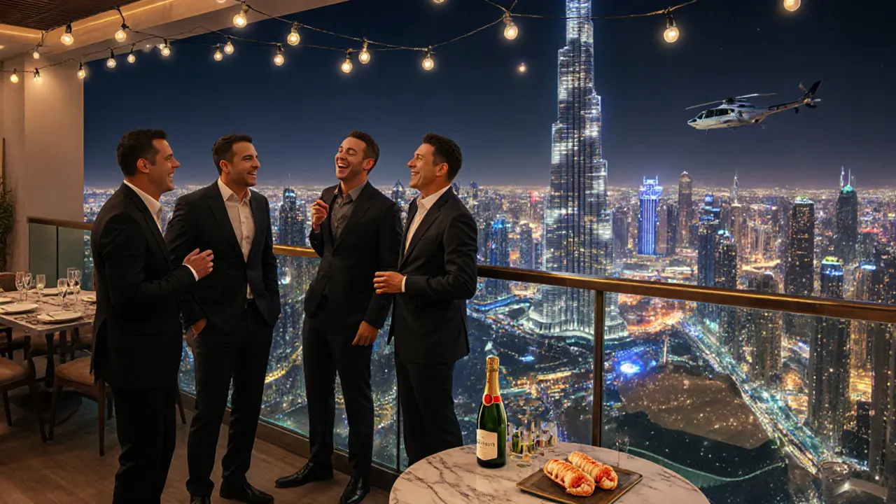Rooftop VIP lounge with city lights and champagne, overlooking the Burj Khalifa at night.