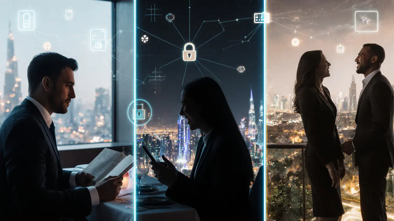 Silhouettes of diverse professionals in Dubai, connected by subtle digital icons representing discreet companionship services.