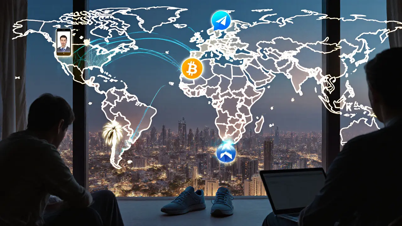 Surreal digital map of Dubai with glowing streams of online content flowing to global time zones, symbolizing digital creators.