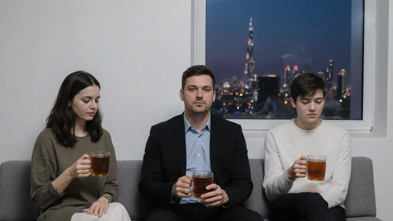 Three diverse individuals sit quietly in a minimalist waiting room after massage sessions, each holding tea, radiating peace and emotional release.