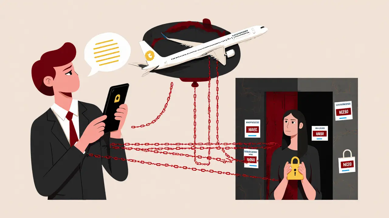 Three interconnected scenes showing recruitment, travel, and entrapment linked by red debt chains.