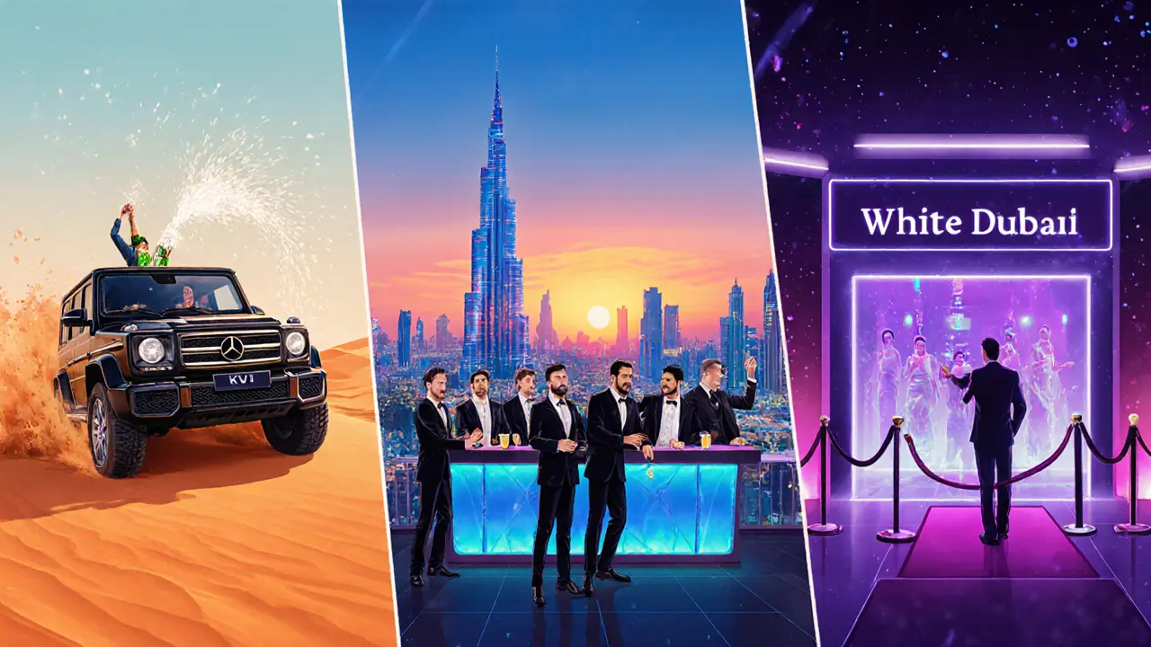Three scenes: desert safari, rooftop bar, and nightclub, showing Dubai’s bachelor party highlights.
