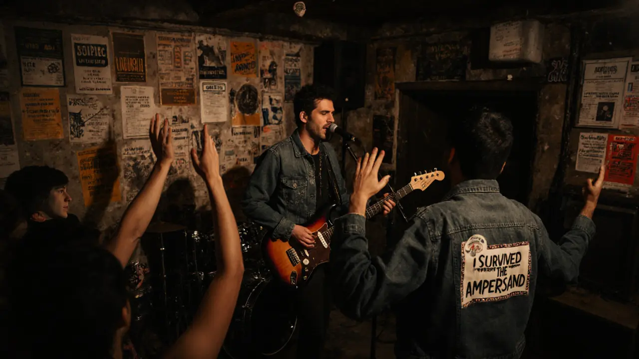 Tiny basement bar with punk band playing, audience holding up hands, sticker on jacket.