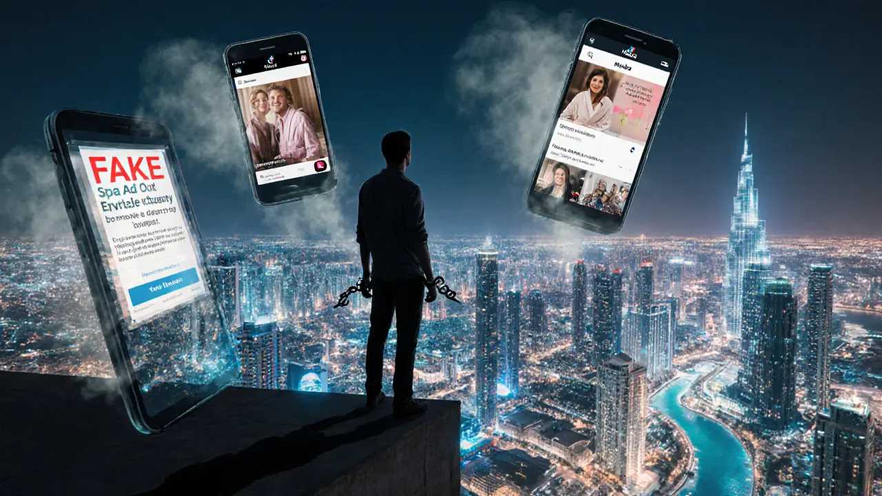 Tourist&#039;s shadow becomes handcuffs and deportation notice, ghostly spa ads flicker behind him, luxury hotels glow safely in distance.