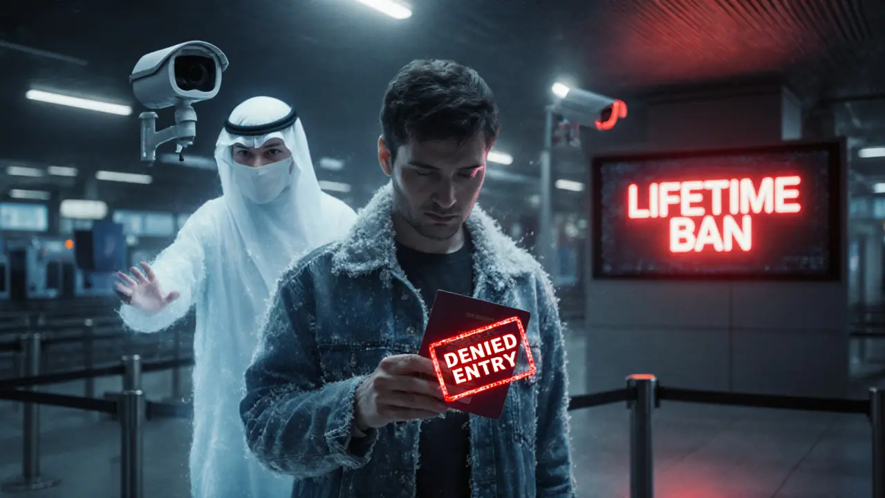 Tourist at Dubai airport with denied entry stamp, ghostly figure behind, CCTV cameras glowing red.