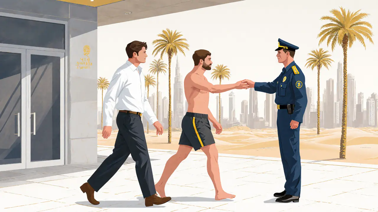 Tourist in appropriate clothing walks past a mall while another is politely stopped for improper attire.