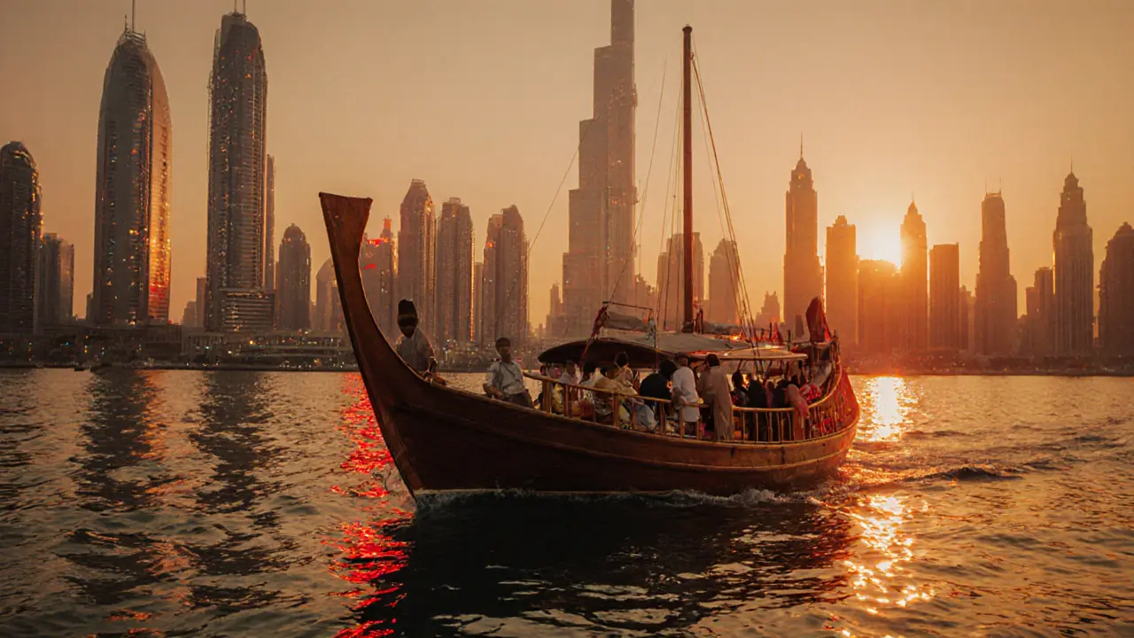 Traditional dhow boat gliding through Dubai Marina as sunset paints the water in fiery colors.