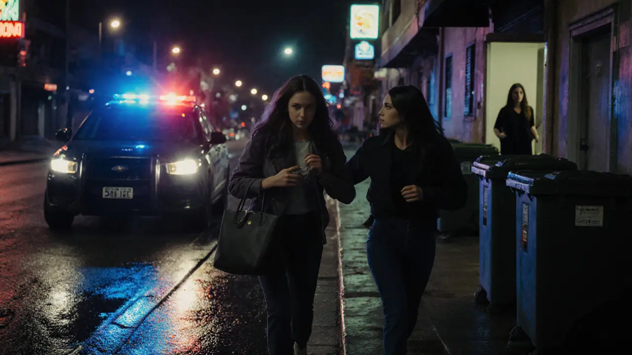 Two women flee from police lights outside a Dubai hotel, while another watches fearfully from the shadows.