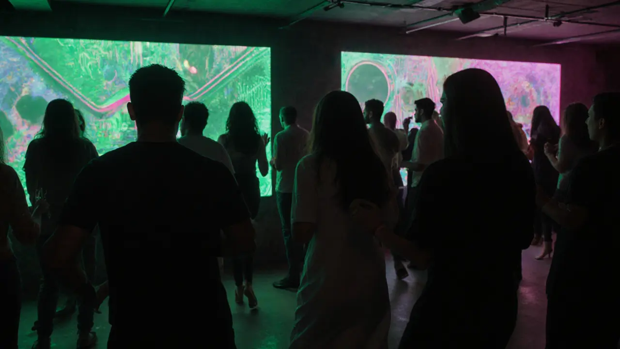 Underground lounge with interactive art and AI-adjusted music, diverse crowd dancing in ambient light.