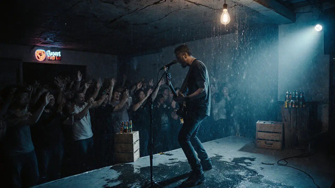 Underground rock venue with rain dripping from ceiling, band performing under a single bulb.