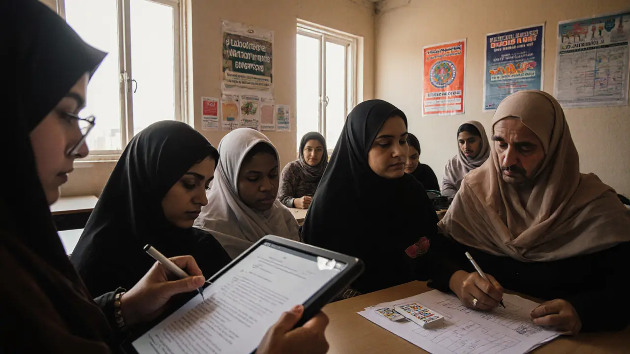 Women in a Dubai NGO classroom learn legal rights and financial skills together.