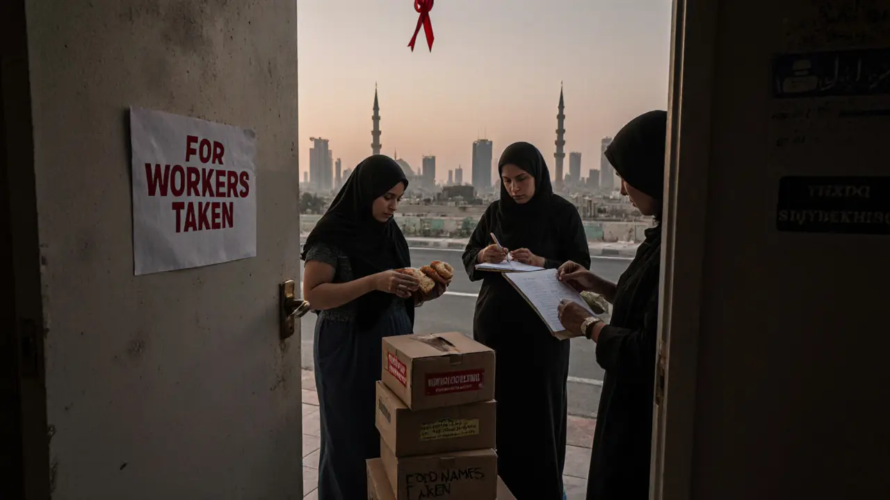 Women pack food boxes for homeless workers in a hidden community space at dawn.