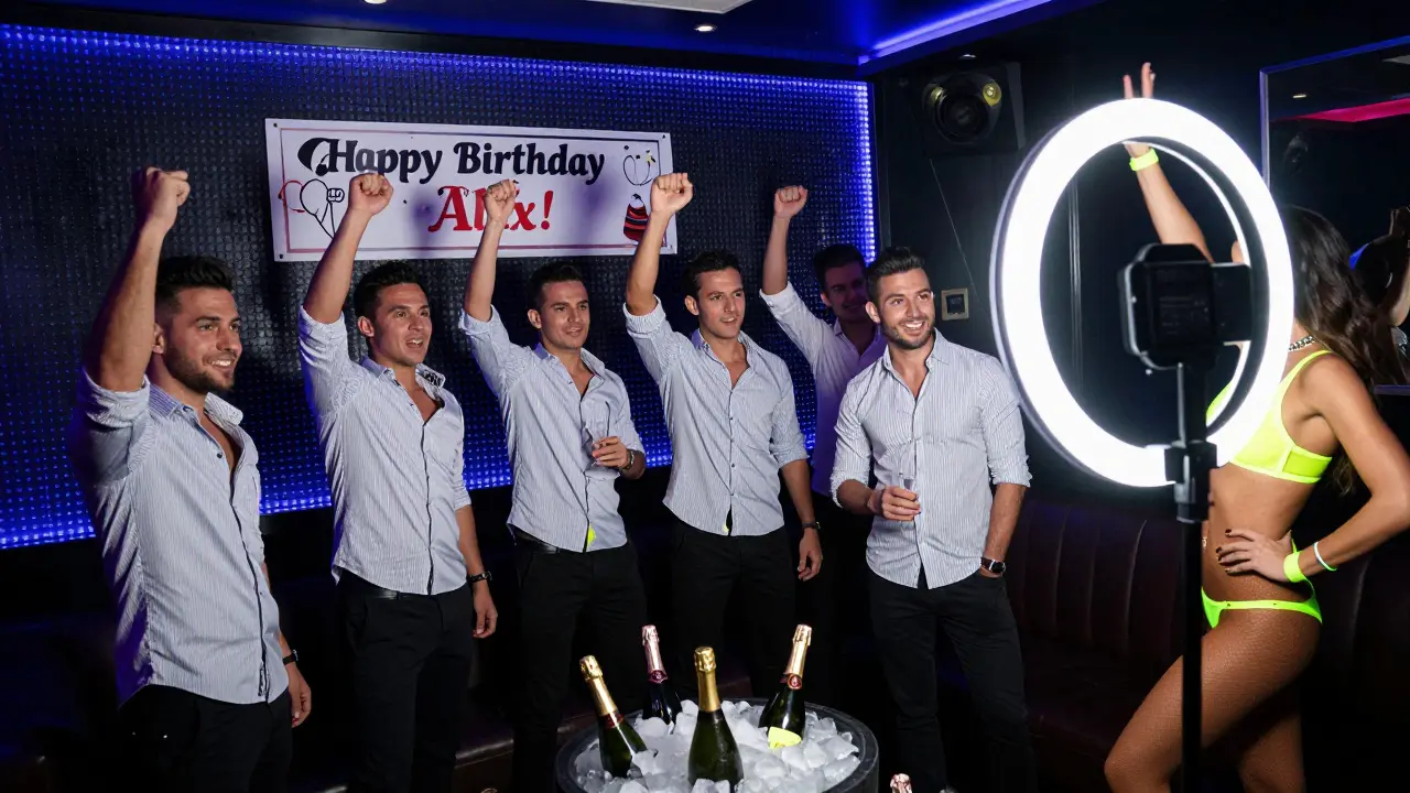 A bachelor party celebrates in a VIP room with LED lights, a welcome banner, and a professional photo session.