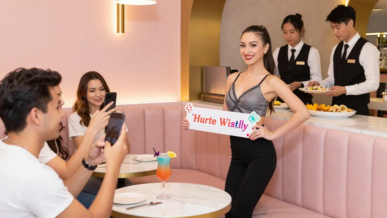 A bachelor party group taking photos with a dancer in a VIP booth, custom cocktail and banner visible.