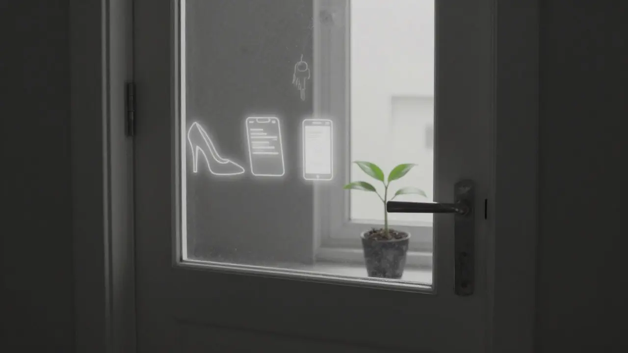 A closed door fades from past life symbols into a single growing plant inside a quiet apartment.