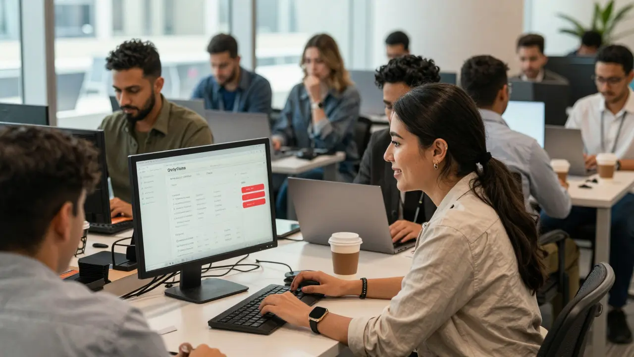 A co-working space in Dubai where one person’s screen shows adult content analytics, unnoticed by others around them.