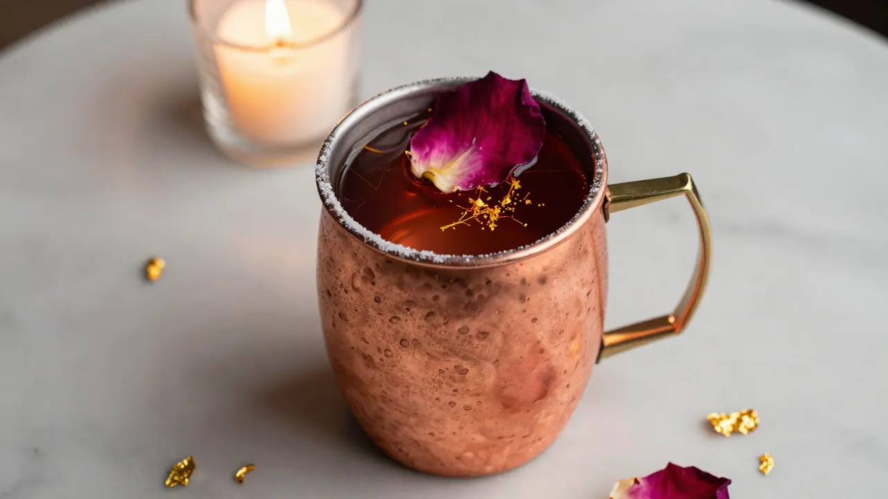A copper cup with rose petal and golden shimmer, holding a floral Middle Eastern cocktail.