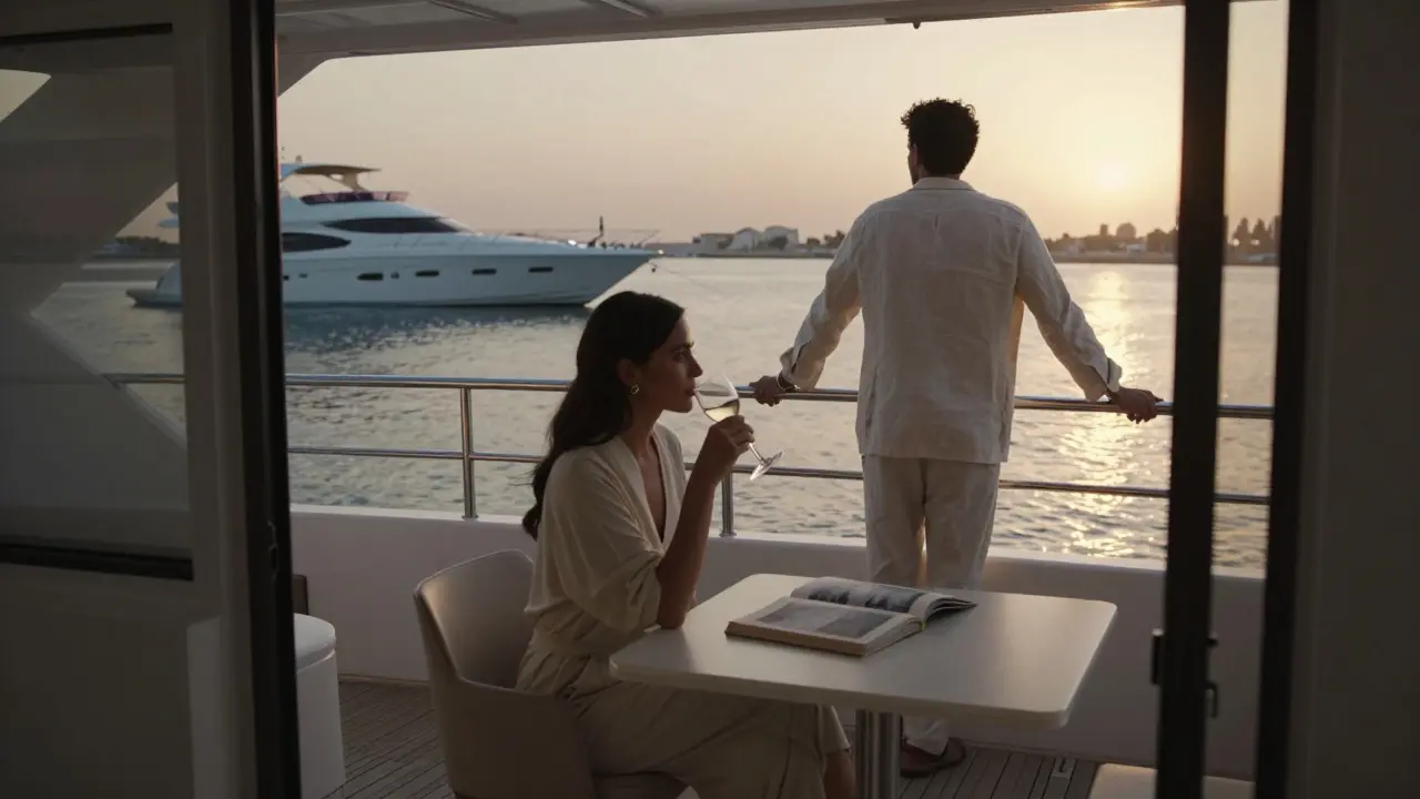 A couple on a private yacht at sunset, their figures silhouetted against the golden water.