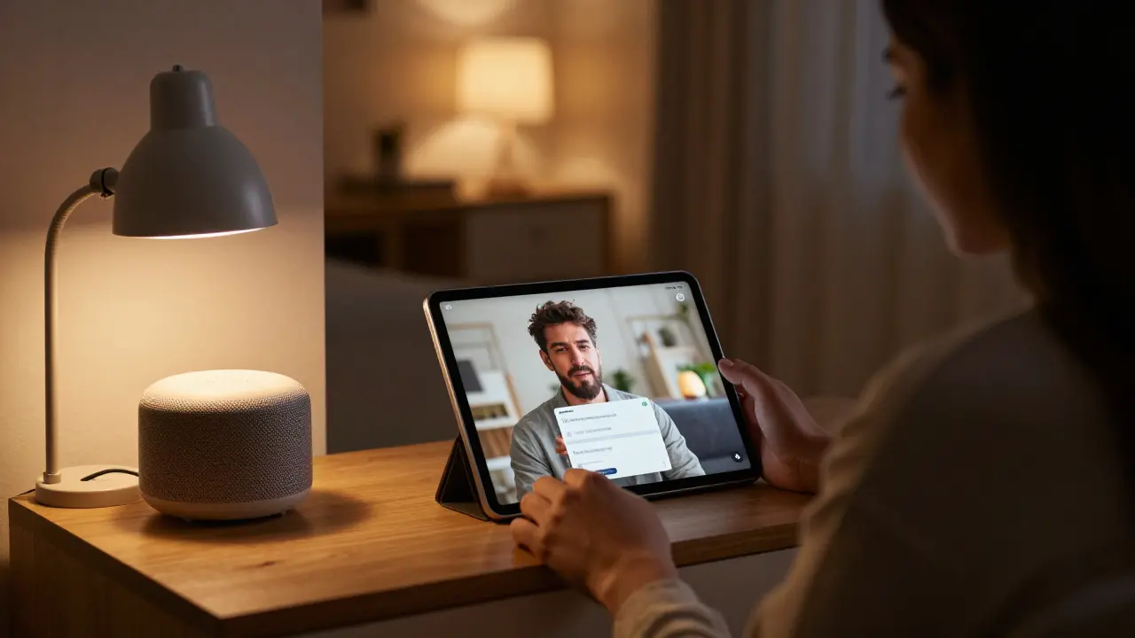 A couple video calling in a private Dubai apartment with encrypted app visible, warm ambient lighting, tech-enabled intimacy.