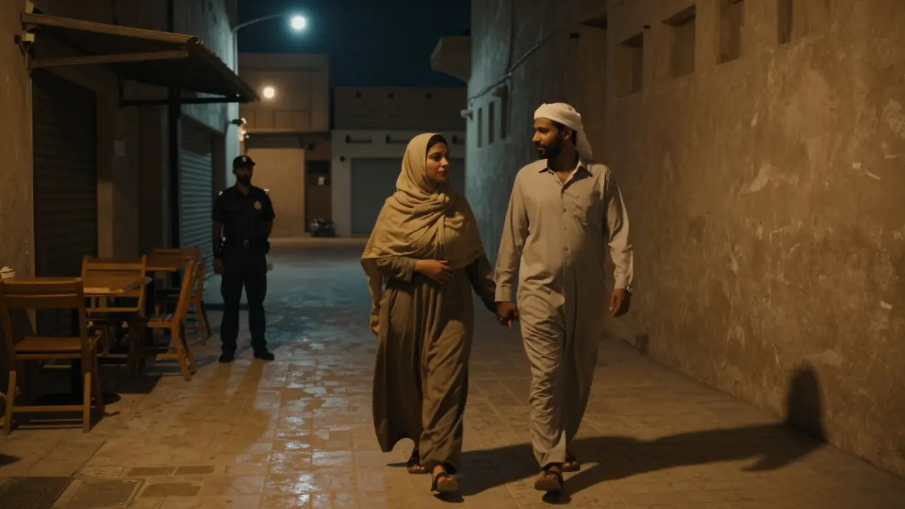 A couple walking modestly in a quiet Dubai alley at night under soft streetlights.