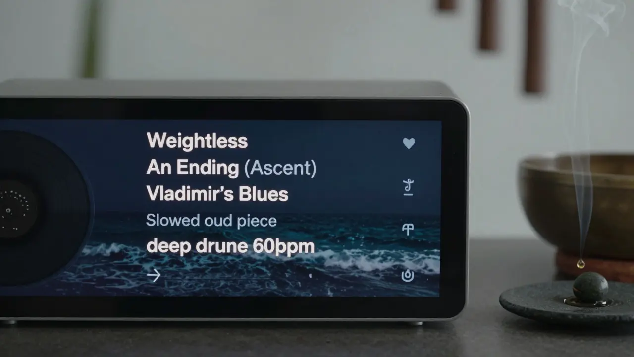 A curated therapeutic playlist displayed on a dark audio device with subtle natural sound symbols.