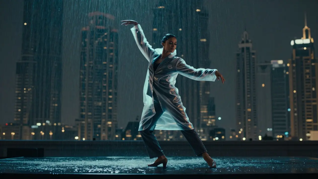 A dancer in a glowing raincoat dances under artificial rain on a rooftop with Dubai&#039;s skyline behind.