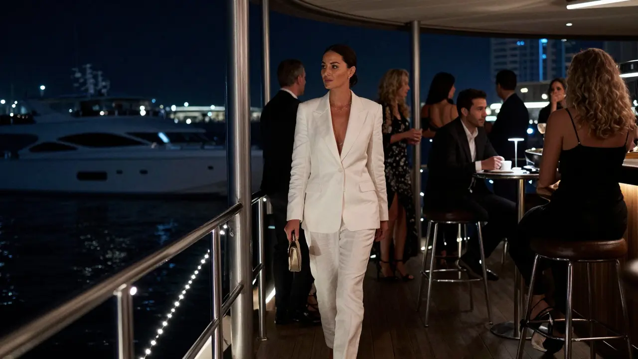 A discreet luxury escort walks through a high-end Dubai bar, with a yacht visible in the background under night lights.