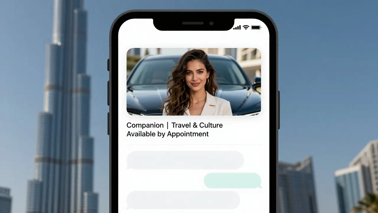 A discreet private messaging profile on a smartphone screen with a luxury car and Burj Khalifa in the background.
