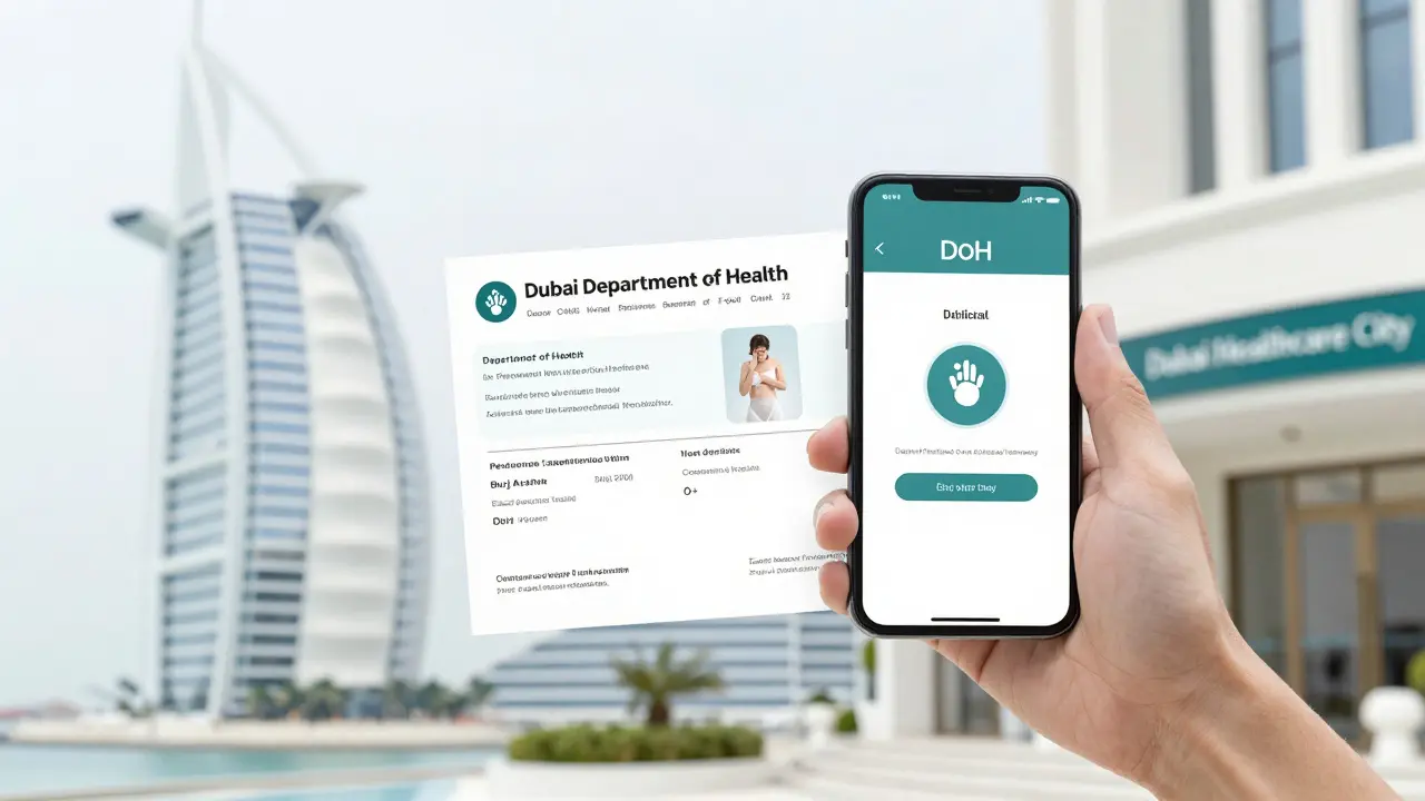 A Dubai Department of Health license certificate beside a smartphone showing the official verification website.