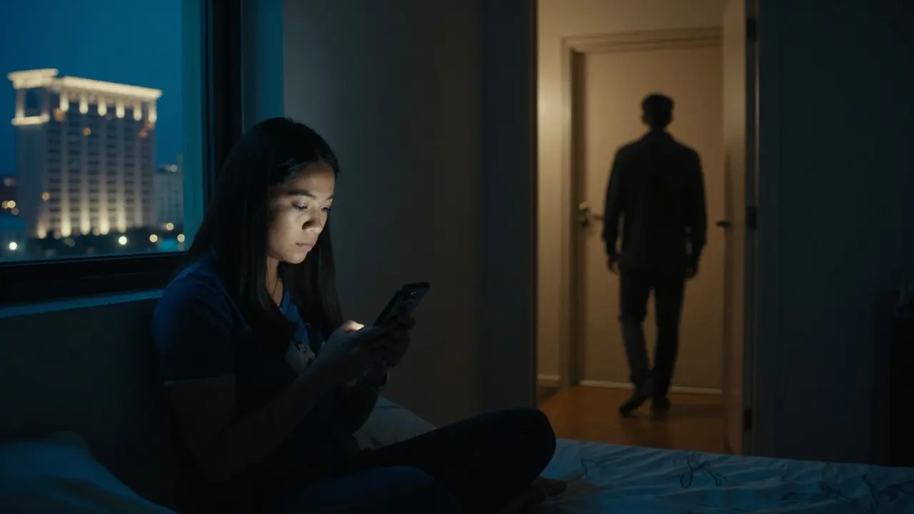 A Filipino domestic worker alone in a dim apartment, looking at a family photo on her phone, with a luxury hotel visible through the window.