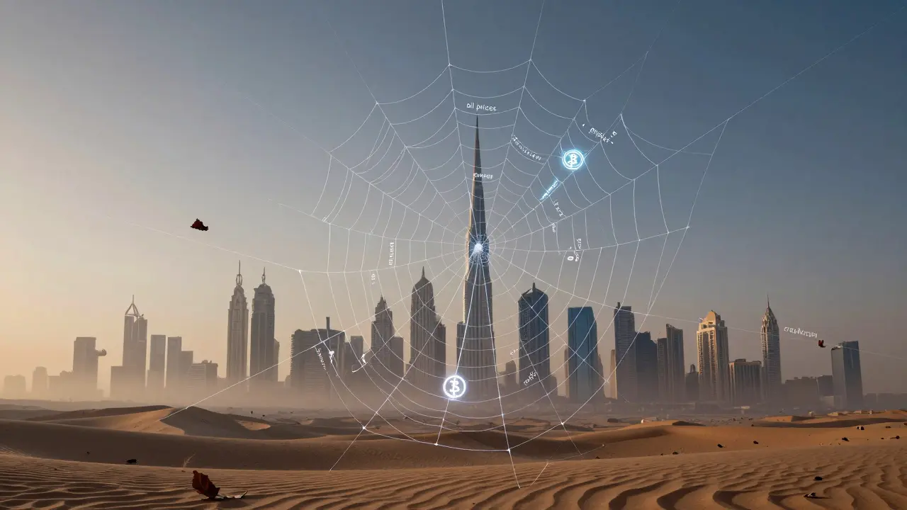 A fragile glass spiderweb spanning Dubai's skyline, symbolizing digital connections in the underground escort economy.