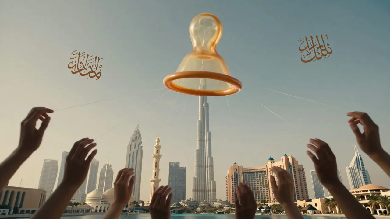 A giant condom hovers over Dubai’s skyline, connected to hidden hands, with mosque and resort in the distance.