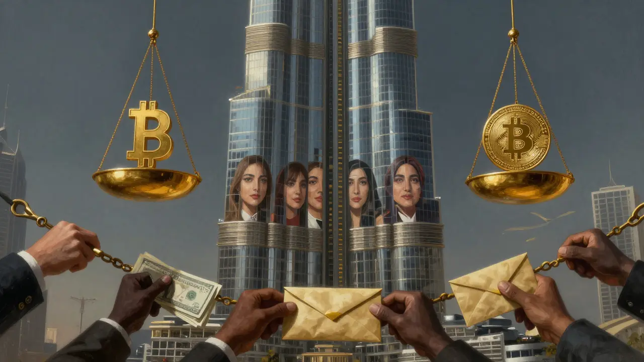 A glass skyscraper reflecting fragmented faces, with shadowy hands exchanging cash beneath, symbolic of hidden economies.