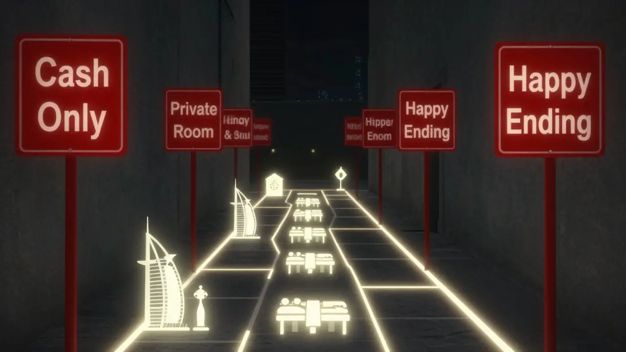 A glowing path of licensed spas leading away from a dark alley with warning signs about illegal massage services in Dubai.