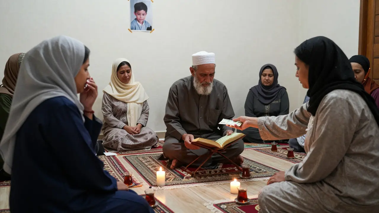 A group of women listen quietly to an imam reciting Quran in a modest apartment, candles flickering around them.