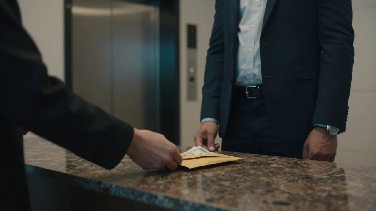 A hand placing cash on a marble counter in a private Dubai apartment lobby.