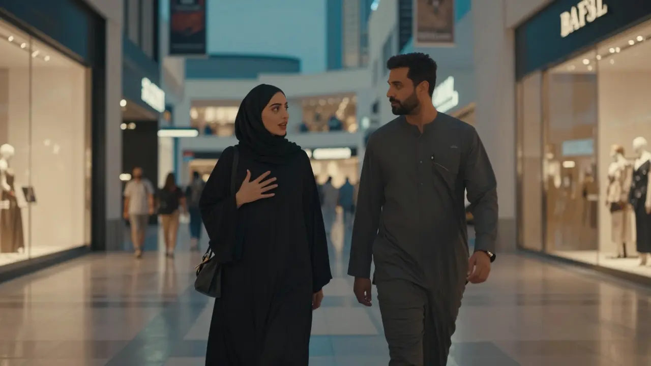 A man and woman walking through Dubai Mall, engaged in conversation amid luxurious storefronts.