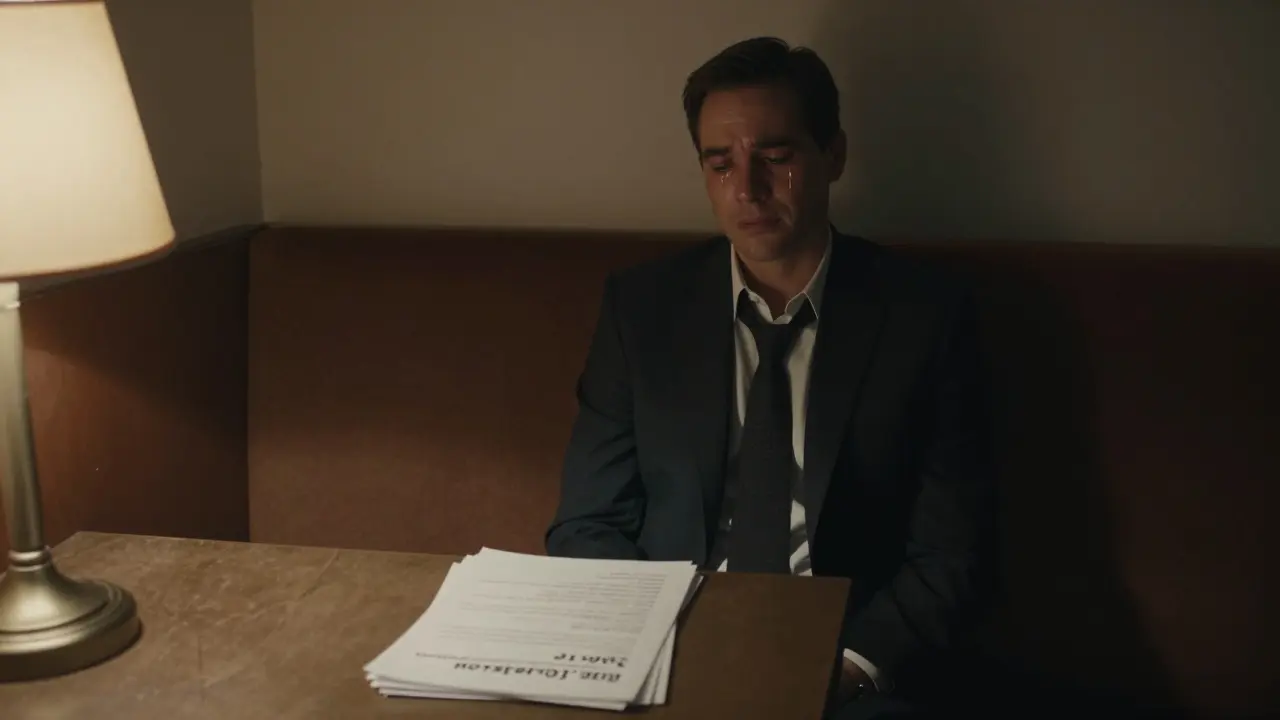 A man sits alone in a VIP booth as a dancer performs silently, therapy notes on the table.