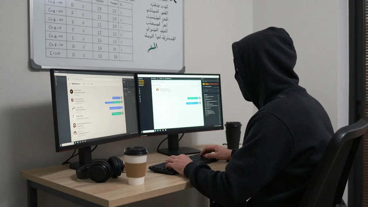 A masked operator managing adult content sales via dual monitors, crypto payments, and encrypted chats in a Dubai apartment.