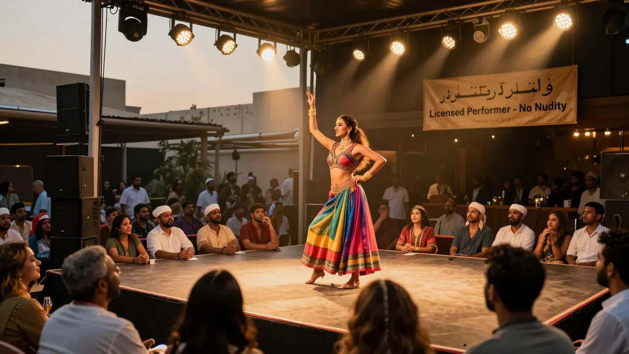 A modestly dressed dancer performs on a licensed stage in Dubai under bright lights, audience watching respectfully.