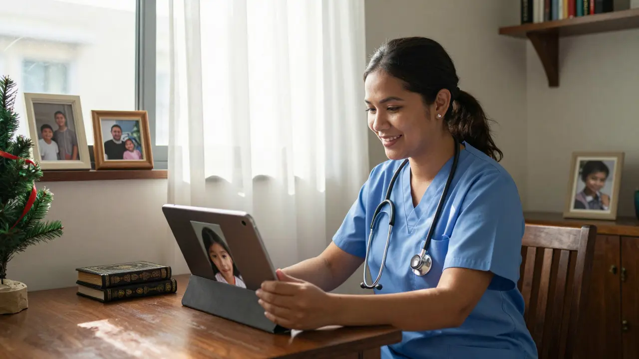 A nurse video-calling her child in her Dubai apartment, sunlight and family photos around her.