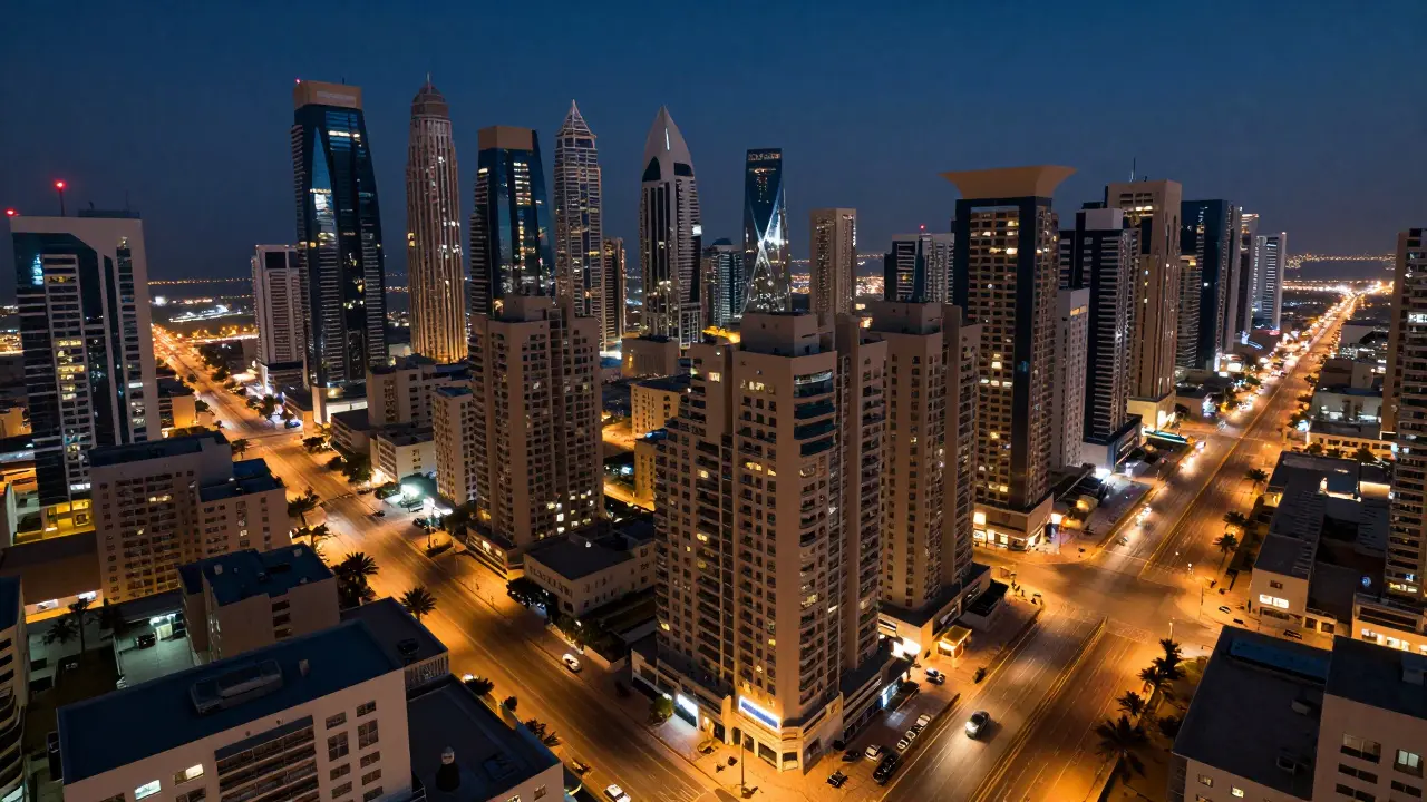 A peaceful night view of Dubai Marina and Al Barsha neighborhoods, showcasing safe, orderly urban streets with no signs of crime.
